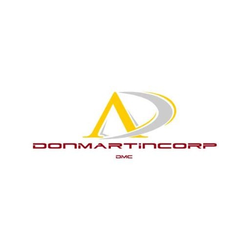 Logo for DonMartinCorp DMC featuring a yellow stylized A with a gray swoosh and red wordmark on white background.