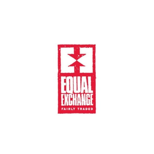 Red Equal Exchange logo featuring a star-like symbol above the text 'EQUAL EXCHANGE' and 'FAIRLY TRADED' in a tall rectangle.