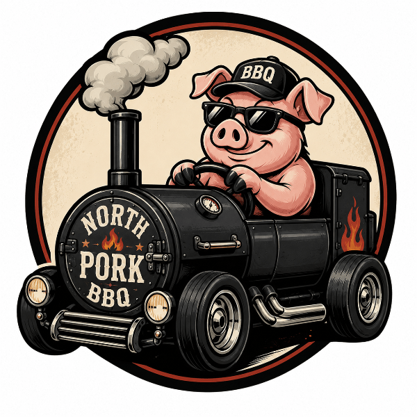 Cartoon pig wearing a BBQ cap driving a black steam locomotive labeled North Pork BBQ, with smoke puffing from the chimney.