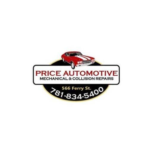 Price Automotive logo with a red vintage car above a rectangular sign reading “PRICE AUTOMOTIVE MECHANICAL & COLLISION REPAIRS,” and the contact number 781-834-5400.