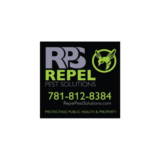 Repel Pest Solutions logo with green 'REPEL', a circular green pest icon, phone 781-812-8384 and site RepelPestSolutions.com, tagline 'Protecting Public Health & Property'