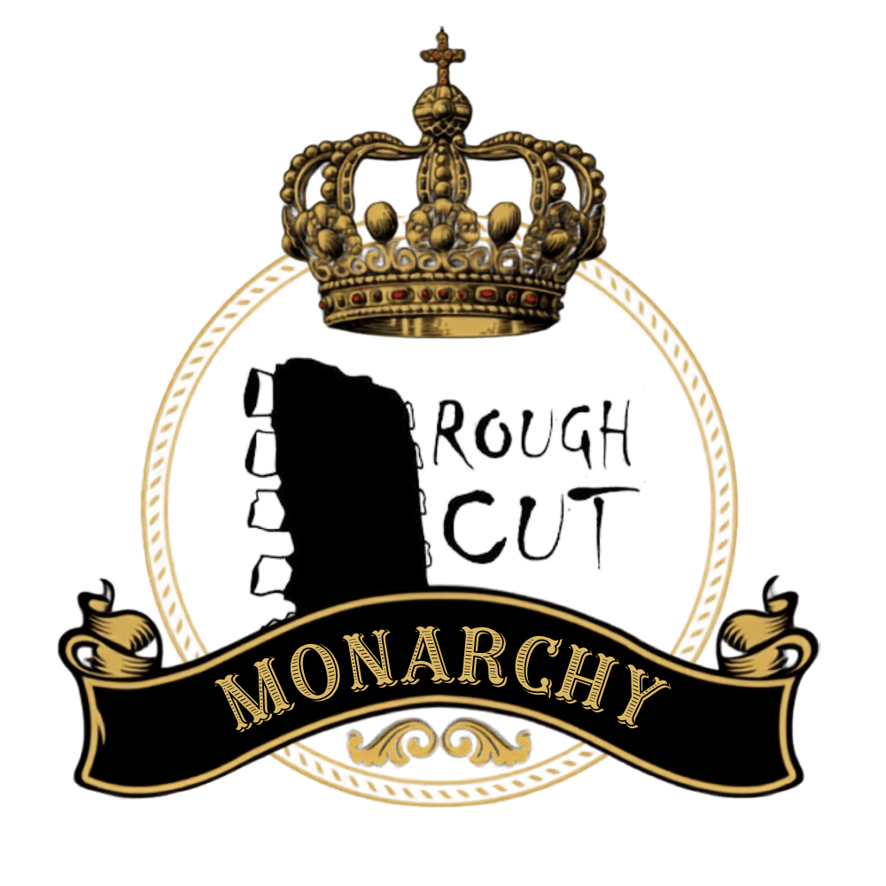 Brand logo: gold crown above a circular ornate frame with a MONARCHY banner, and 'ROUGH CUT' text in the center (wood/metal silhouette).