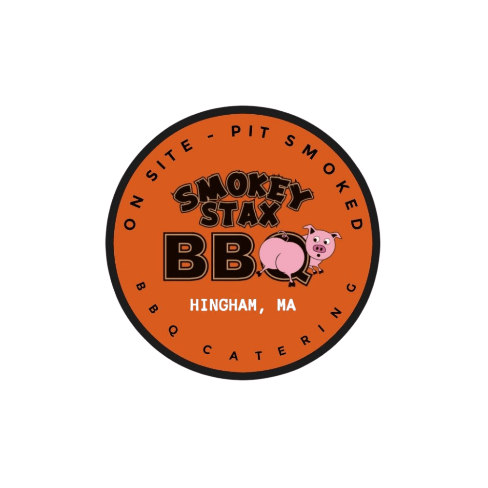Round orange BBQ catering logo: 'Smoke Stax BBQ' with a cartoon pig and bold 'BBQ' text, says Hingham, MA on the badge.