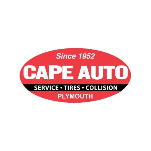 Cape Auto Plymouth logo: red oval with 'CAPE AUTO' in white, black band reads 'SERVICE • TIRES • COLLISION', 'Since 1952' above and 'PLYMOUTH' below.
