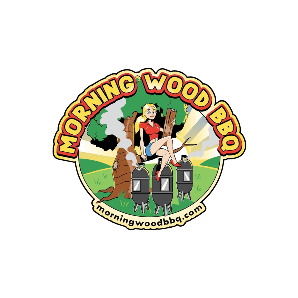 Morning Wood BBQ logo: cartoon woman sits on a log with smokers, circular banner with 'MORNING WOOD BBQ' and the URL morningwoodbbq.com