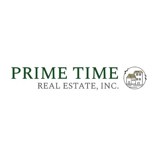Prime Time Real Estate, Inc. logo: green 'PRIME TIME' wordmark with 'REAL ESTATE, INC.' in gray and a circular house emblem to the right.