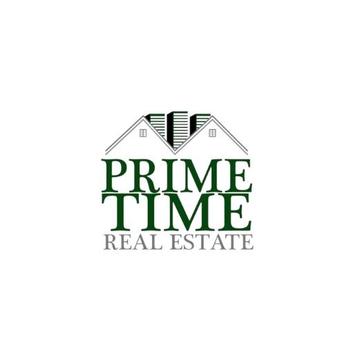 Prime Time Real Estate logo with two roof outlines above green 'PRIME TIME' and gray 'REAL ESTATE' text